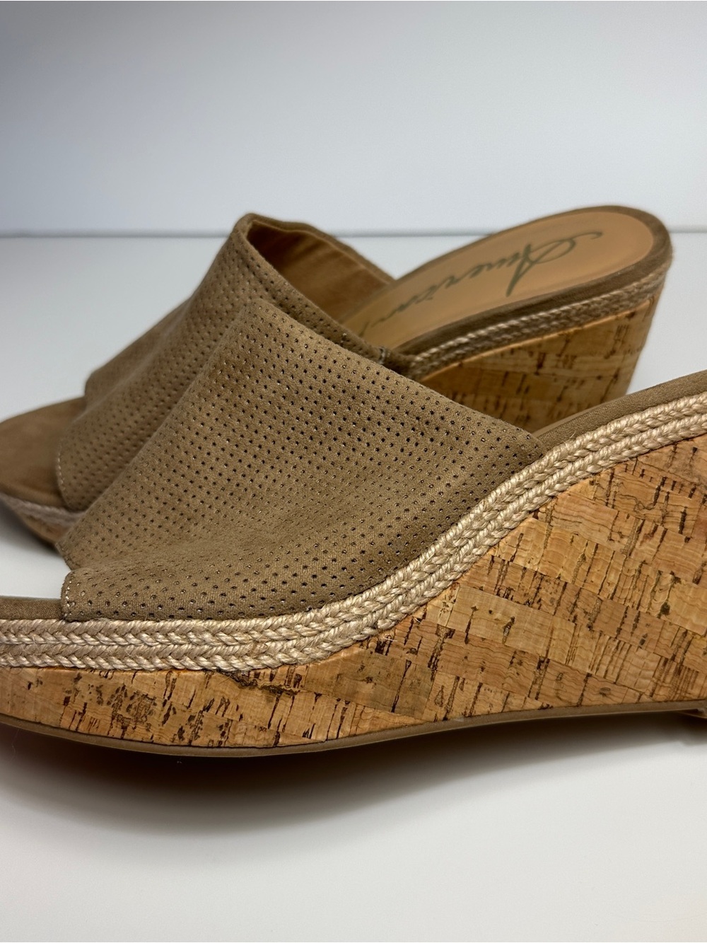 American Rag Beige Shiraf Perforated Suede Cork Wedge Sandals • Sz 9M